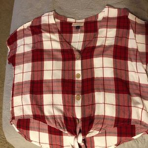 red white and blue plaid shirt with tie